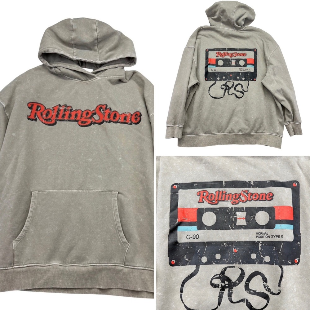 Rolling Stones Hoodie Men's Large Cassette Graphic Acid Wash Pullover Rare